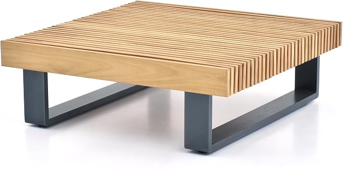 OTSUN Outdoor Coffee Table, Square Patio Dining Table with Teak Wood Slatted Top & Aluminum Frame Low Profile Patio Table for Backyard Poolside Balcony