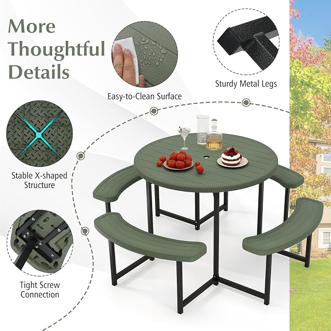 Byroce 6-8 Person Picnic Table for Outdoors, HDPE Picnic Table Set with 4 Benches, Umbrella Hole & Metal Frame, Heavy Duty Round Dining Table Chairs for BBQ Party in Patio, Yard & Poolside (Green)