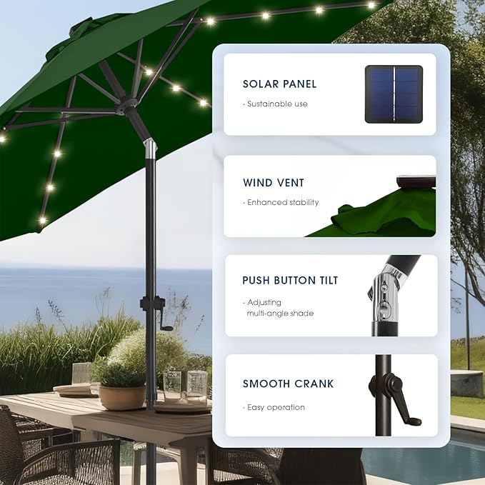 wikiwiki 9FT Solar Led Patio Umbrella with Base Included, 32 LED Lights, 8 Sturdy Ribs, Fade Resistant Waterproof POLYESTER DTY Canopy for Garden, Lawn, Deck, Backyard & Pool, Dark Green