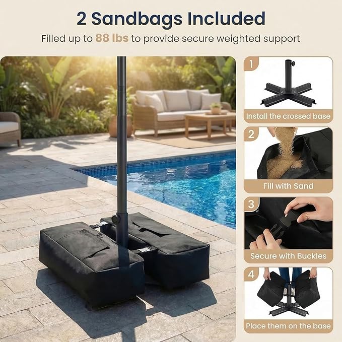 Happygrill 9FT Solar Patio Umbrella, Outdoor Market Table Umbrella with 32 LED Lights, Weighed Base, 2 Sandbags, Tilt & Crank, 8 Ribs, Fabric Canopy Sunshade, Vented Top for Garden Deck Pool Backyard (Beige)