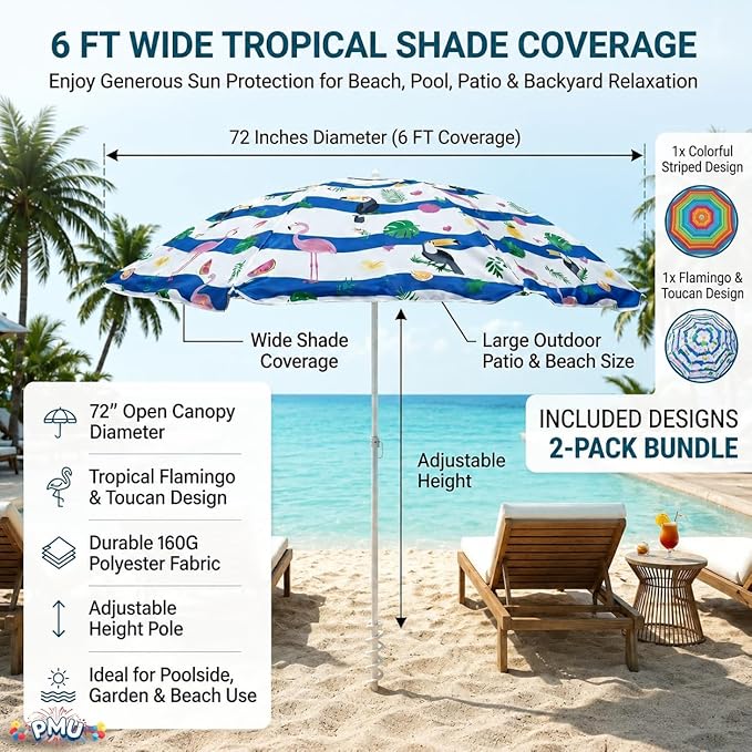 PMU 2 Pcs Set Beach Umbrella 72in Open – Tropical Flamingo Print & Rainbow Stripe, 160G Polyester Large Outdoor Patio Pool Parasol Umbrella for Garden, Deck, Backyard & Pool