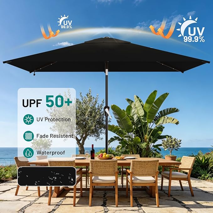 AreShark 6.5' x 10' Rectangular Patio Umbrella with Solar Lights, Solar Powered Lighted Market Umbrella w/Tilt and Crank, Outdoor Table Umbrella for Garden, Deck, Backyard, Pool and Beach, Black