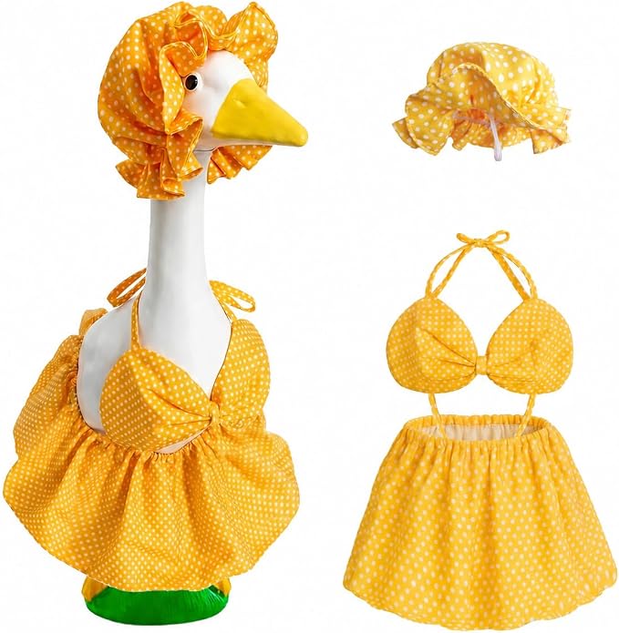 Summer Porch Goose Outfits Bikini with Sun Hat, 23" Yellow Polka Dot Hawaiian Swimsuit Lawn Cement Goose Clothes, Cute Porch Goose Swimsuit for Garden Decor, Best Gift for Mom Grandma