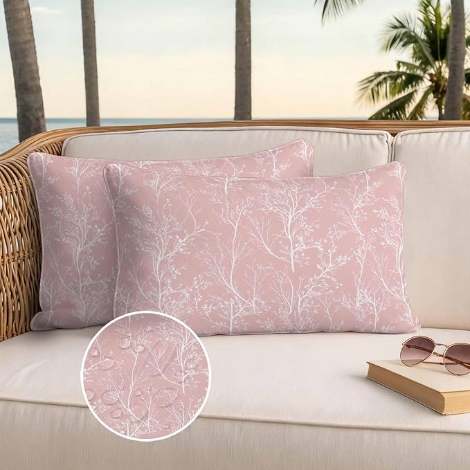Pink Branches Waterproof Outdoor Pillow Covers Set of 2 Home Decor, Abstract Art Leaves Plant Lumbar Pillowcase Patio Pillow Covers for Couch Bench Patio Furniture Garden 20x12in
