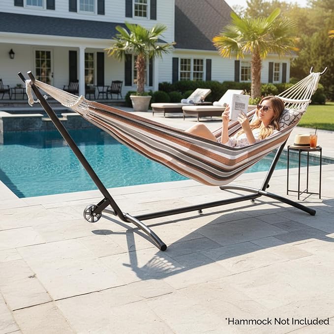 ONCLOUD 9ft Steel Hammock Stand w/Built-in Wheel, Portable Hammock Stand for Outside, Heavy-Duty Hammock Stand Only for Yard or Indoor with Carrying Case, Easy to Remove, 550 LBS (Black w/Wheel)