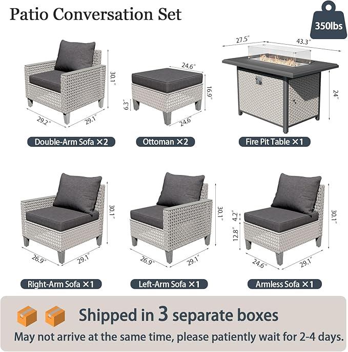 Outdoor Patio Furniture Set with Rattan Fire Pit Table 8-Piece Modular Wicker Sectional Sofa with Ottomans and Thick Cushions, Modern Rattan Outdoor Conversation Couch, Black