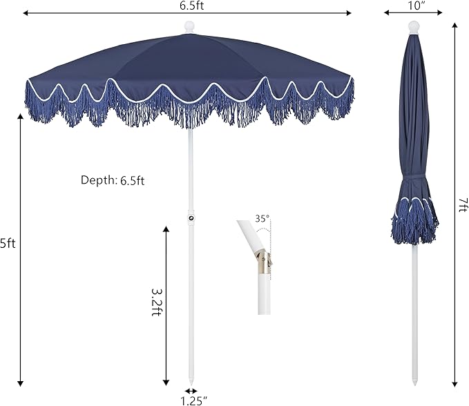 JONATHAN Y Mariner 6.5 ft. Beach Umbrella, Navy Solid with Fringe, Push-Button Tilt, UPF 50+ Sun Protection and Carrying Bag for Patio and Pool, White Pole UMB1005T