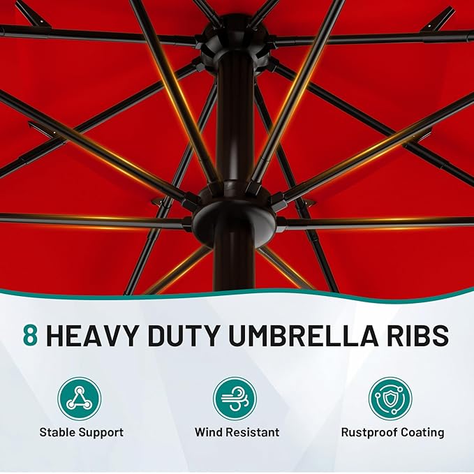 AreShark 9FT 3-Tiers Patio Umbrella with Valance, Outdoor Umbrellas with Crank/Tilt, Table Market Umbrella Vented w/ 8 Sturdy Ribs for Garden, Deck, Backyard, and Pool, Red