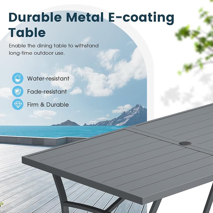 7 Pieces Patio Dining Set, 63" Rectangular Dining Table with Umbrella Hole, 6 Stackable Textilene Fabric Chairs, Metal Structure for Patio, Porch, Garden(Grey Table, Grey Chair)