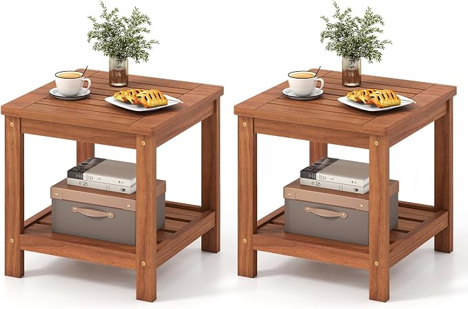 Tangkula Outdoor Side Table, 2-Tier Solid Wood Patio Table with Slatted Tabletop & Storage Shelf, Indoor Outdoor Square Small End Table for Patio, Garden, Yard, Porch, Living Room (2)