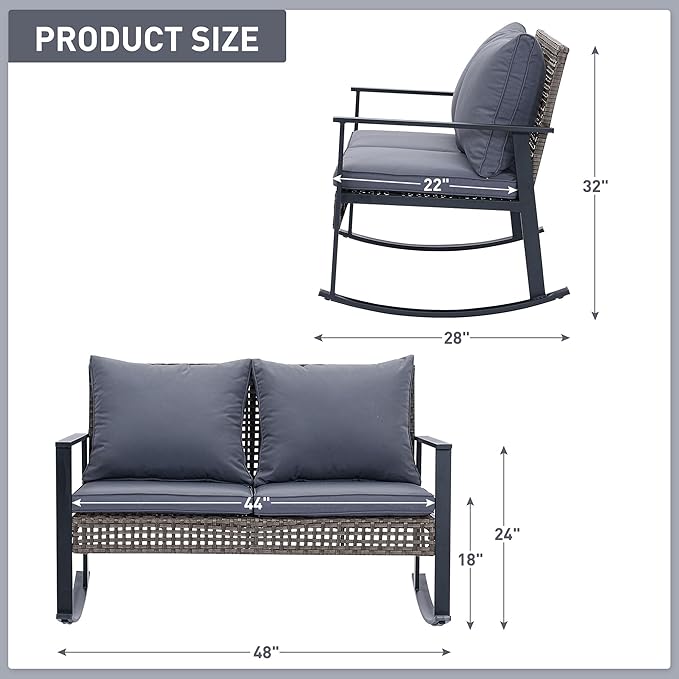 Ainfox Outdoor Wicker Loveseat Rocking Chair, Patio Rattan Rocker Chair with Cushions，All-Weather Modern Cozy Rocking Wicker Furniture for Garden Backyard Porch, Grey