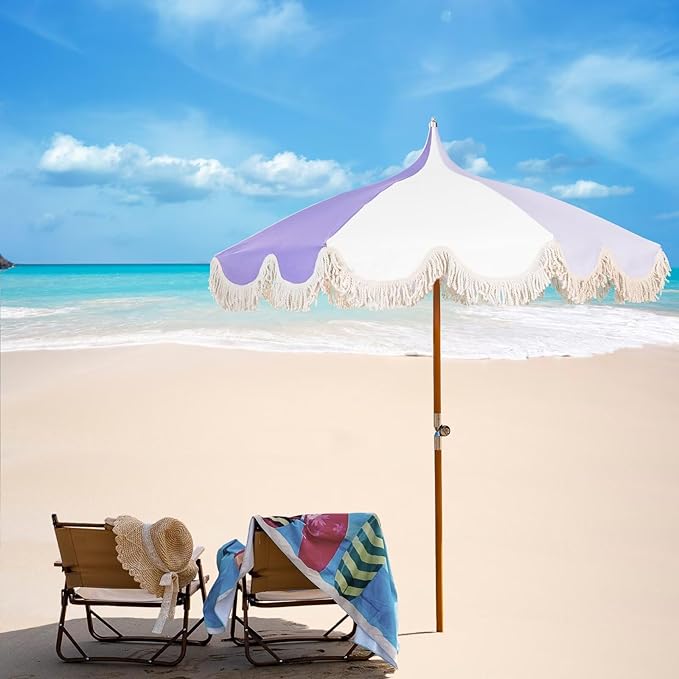 6.5ft Pagoda Beach Umbrella with Fringe, UPF 50+ Boho Umbrellas with Carry Bag, Premium Wood Pole Foldable Tassel Umbrella for Outdoor Garden Lawn Pool Yard Table