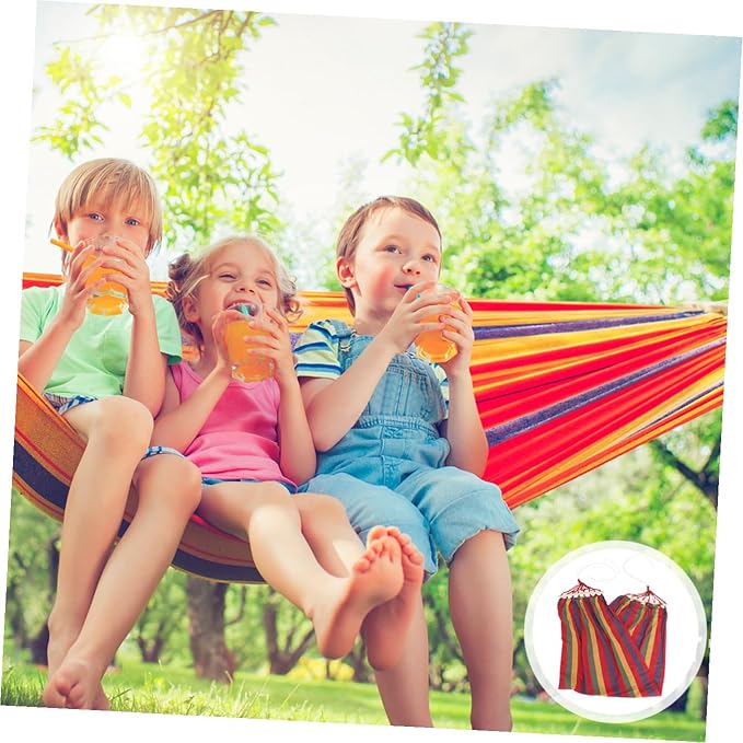 Kisangel Single Person Rainbow Striped Hammock with Anti-tip Design, Widened Canvas Cotton Outdoor Swing for Camping and Travel, Leisure Patio and Garden Hanging Hammock