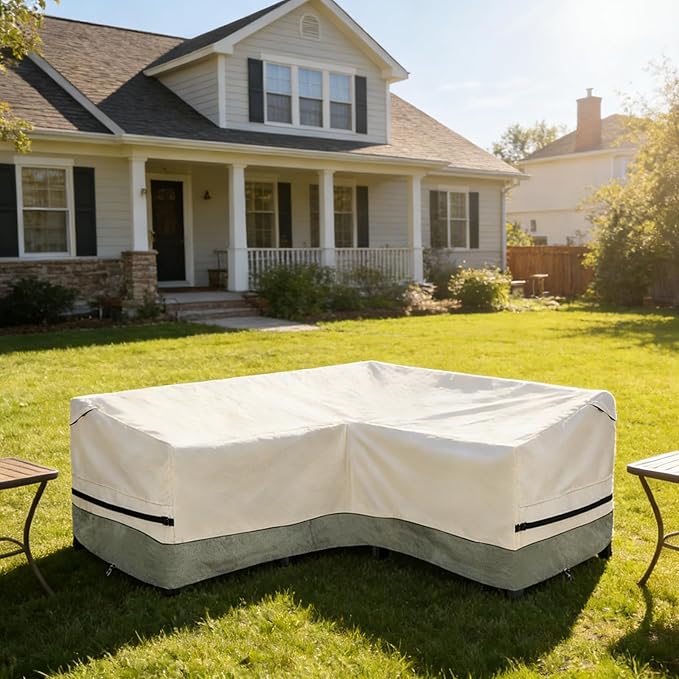 okcool Outdoor Sectional Sofa Cover Waterproof-V-Shaped Patio Furniture Covers for 7-Seater Outdoor Sectional Furniture Couch（105''X105''）,White&Grayish Green