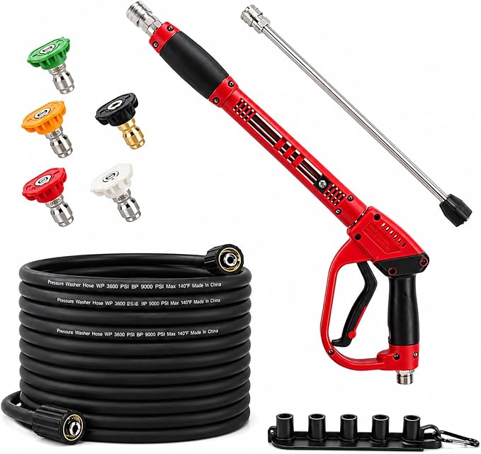 Pressure Washer Gun and Hose Kit, 25FT High Pressure Power Washer Hose with Spray Gun, Wand Extension, 5 Nozzles, M22-14mm Fittings, 3600 PSI