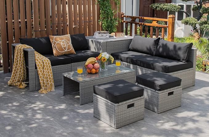 Tangkula 8 Piece Patio Wicker Furniture Set, Patiojoy Space Saving Outdoor PE Rattan Conversation Set with Storage Box & Waterproof Cover, Coffee Table, 2 Ottomans, 2 Armless Sofas & 2 Corner Sofas