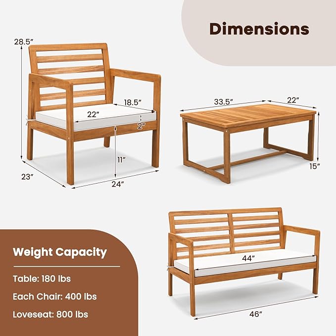 HAPPYGRILL 4 Piece Wood Patio Conversation Set, Armchairs Loveseat & Coffee Table Set with Cushions, Acacia Wood Frame, Outdoor Furniture Set for Porch, Garden, Backyard, Poolside