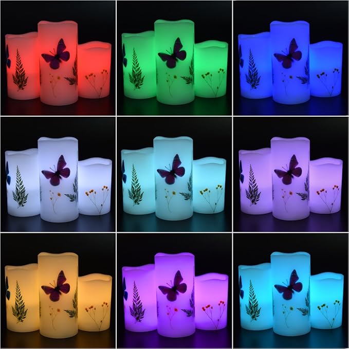 Candles Set of 3 Flameless 4" 5" 6" Unscented Tealight Butterfly Flower Plants Decor Real Wax Pillar Candle LED Lights 12 Color Changing 4H 8H Timer Remote Control AAA Batteries Operated