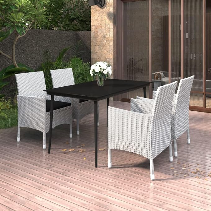 5-Piece Patio Dining Set with Glass Table and 4 Cushioned Chairs, All-Weather Poly Rattan Outdoor Furniture Sectional for Garden, Backyard and Porch, White and Black