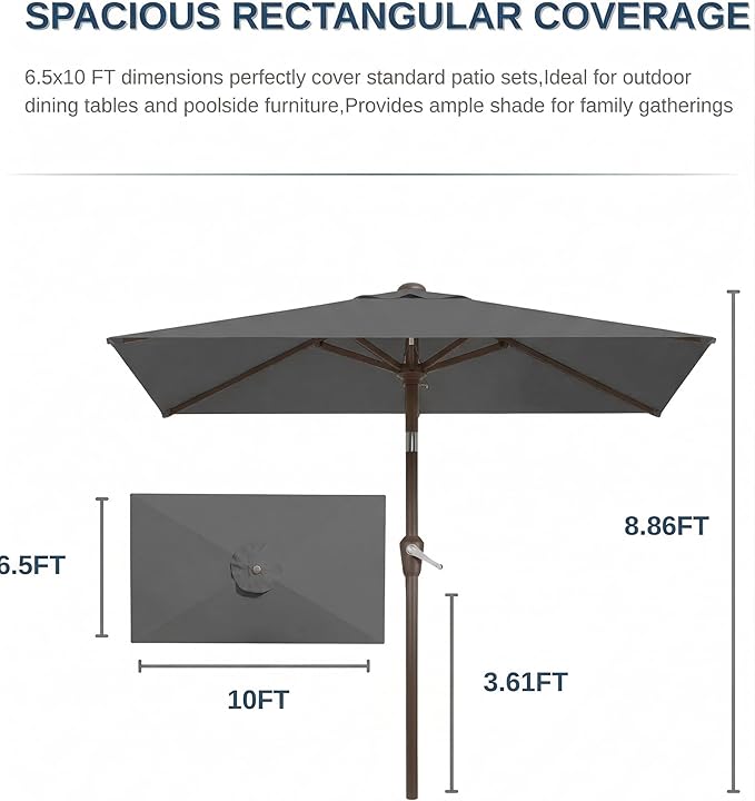 6.5x10FT Patio Umbrella, Outdoor Umbrella with Push Button Tilt and Crank, 8 Sturdy Ribs, UV Protection & Waterproof Market Umbrella for Pool, Backyard, Beach,Deck (Gray)