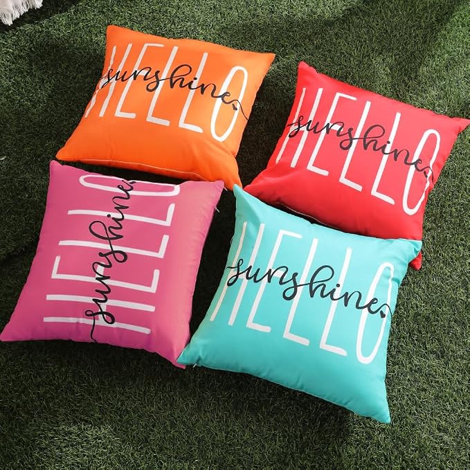 DFXSZ Hot Pink Outdoor Waterproof Pillow Covers 18x18 Set of 2 | Hello Sunshine Decor Spring Summer Polyester Pillow Covers(NO INSERTS)| Decor for Patio Funiture Garden Sofa Couch