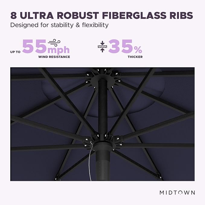 Midtown Umbrellas Push & Pop 10 Ft Patio Umbrellas with Push & Pop Mechanism, Fiberglass Ribs & Sunbrella Fabric – Outdoor Umbrella for Deck, Pool, Cafés and Hotels – Canvas Navy Canopy, Black Pole