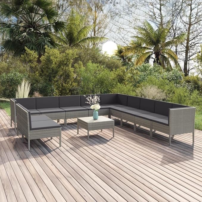 12 Piece Patio Lounge Set with Cushions,Patio Sofa,Outdoor Daybed,Outdoor Furniture Sets,Patio Seating,Patio Conversation Sets,Modern Set,Patio Furniture Set,Front Porch Furniture, Poly Rattan Gray