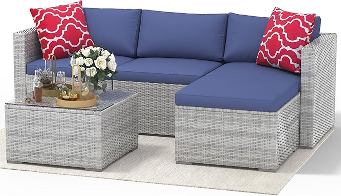 5 Pieces Patio Furniture Sets, Outdoor Patio Furniture Set, Wicker Patio Rattan Outdoor Sofa Furnitures with Anti-Slip Cushion and Glass Table, Patio Conversation Sets for Porch, Garden (Grey/Blue)