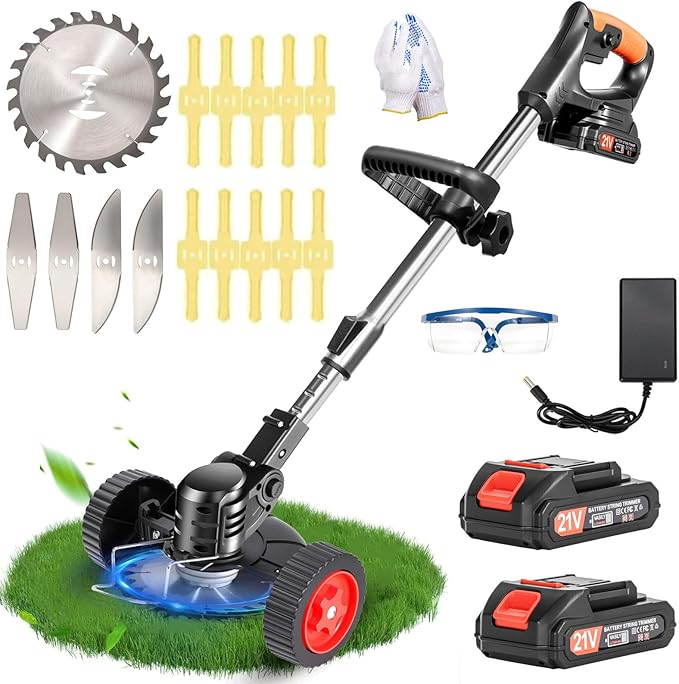 Electric Weed Wacker Cordless with Wheels, 2pcs Batteries&4 Types Blades,Lightweight, Low Noise Weed Trimmer 21V stringless Weed Wacker, Grass Trimmer/Brush Cutter/Edger, for Thick Weeds&Yard Garden