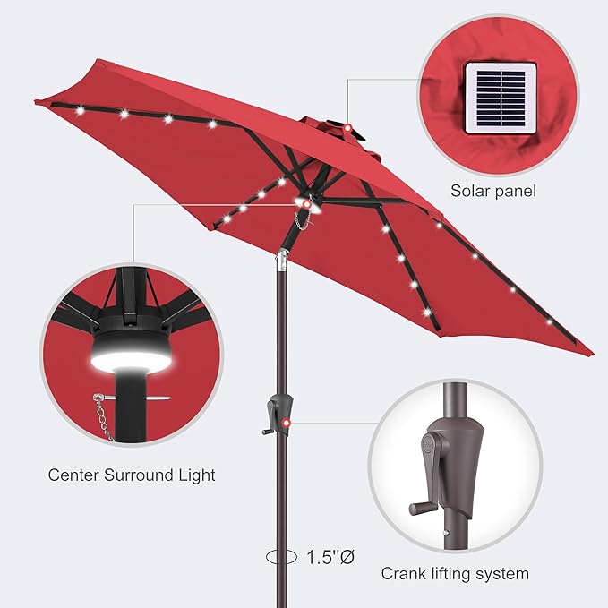 Jarka&Co 7.5ft Solar Patio Umbrella - Lighted Solar Outdoor Umbrella with 24 LED Lights Waterprool UV Protection, Market Table Umbrella with Tilt for Backyard, Garden, Pool, Porch (Red)