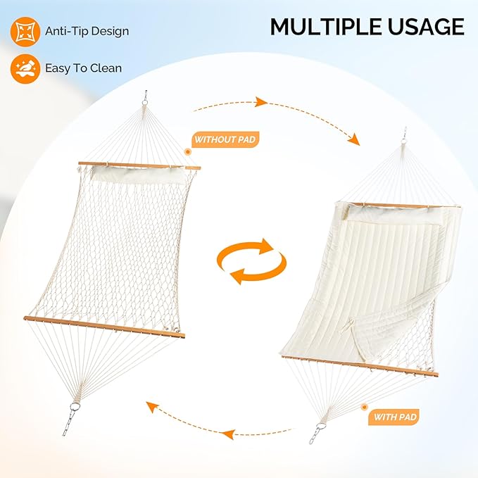 ONCLOUD Double Hammock with Stand for Outside, Rope Hammock with Pillow and Pad, Heavy Duty Hammock Set for Backyard, 550 LBS (White)