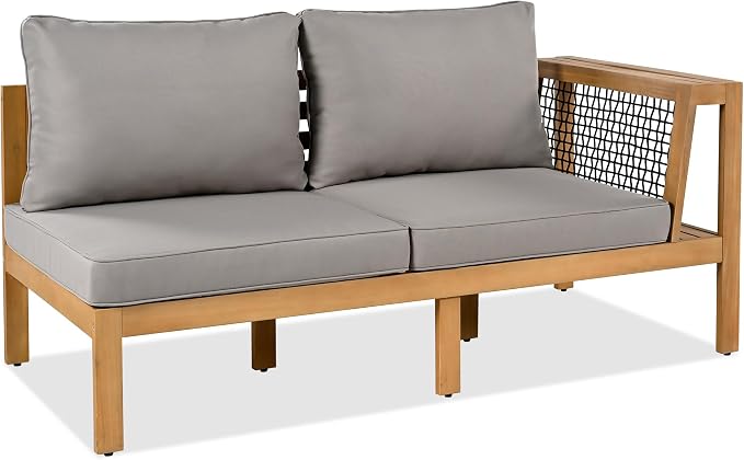 4 Piece Patio Seating Set, L-Shaped Patio Acacia Wood Sofa Set with Coffee Table, Woven Mesh Armrests, Outdoor Conversation Set with Cushions and Side Table, Gray+Natural