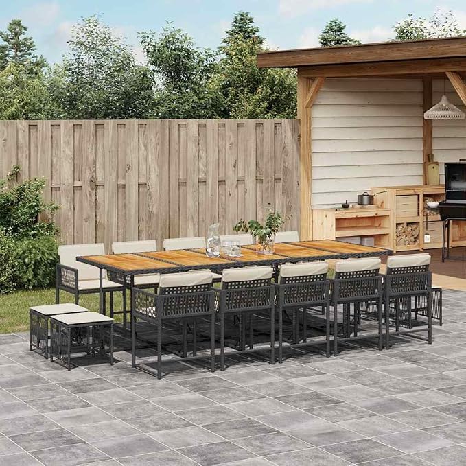 14-Seater Garden Dining Set with Solid Acacia Wood, Synthetic Poly Rattan, and Powder-Coated Steel, Black and Brown Rectangular Outdoor Dining Set for Patio, Garden, or Balcony,