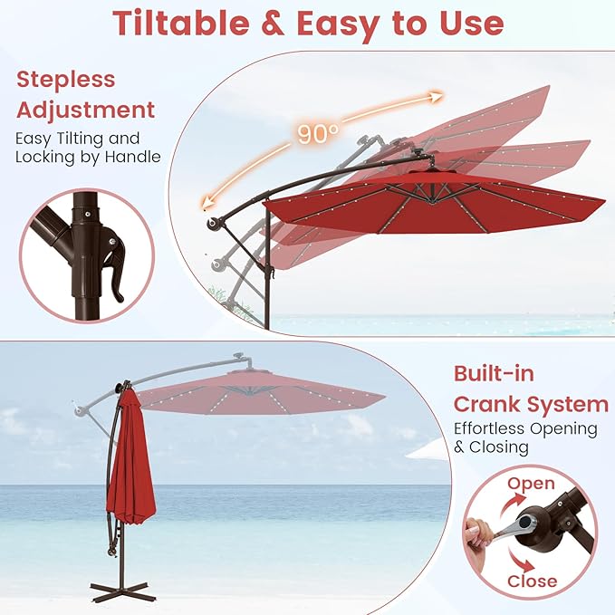Tangkula 10FT Offset Patio Umbrella with Base Included, Outdoor Cantilever Umbrella with 40 Solar LED Lights, Tilt Adjustment, Crank Handle, Vented Top, Sand Bags for Pool Yard Deck (Burgundy)