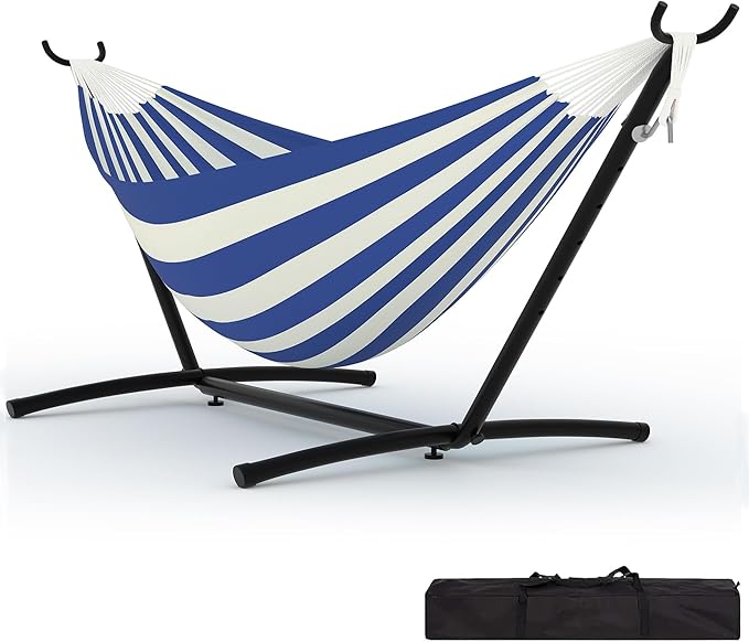 Double Hammock with Stand for Outside, 2 Person Heavy Duty Hammocks for Indoor Outdoor Patio with Carrying Bag, 450 Lbs Capacity, Space Saving Heavy-Duty Steel Stand