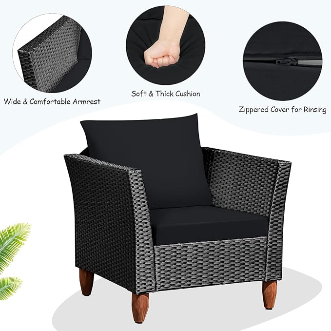 COSTWAY 3 Pieces Patio Rattan Furniture Set, Outdoor Wicker Conversation Chairs Set with Acacia Wood Coffee Table & Washable Cushion, Porch Furniture Bistro Set for Balcony, Garden, Backyard, Black