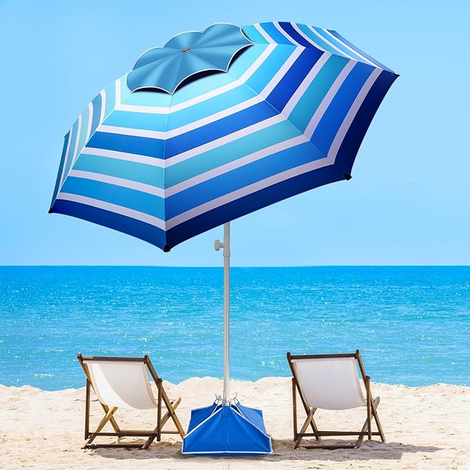 Fisqueen 8FT Large Beach Umbrella with Level 7 Wind Resistance, Sand Anchor, Portable Outdoor Umbrella with UPF50+ UV Protection, Tilt Sun Shelter for Beach, Patio, Yard