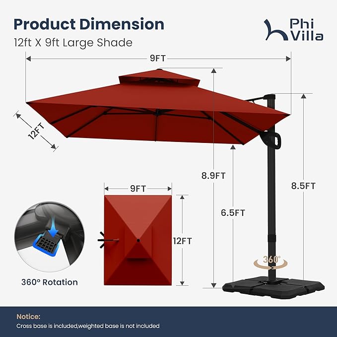 PHI VILLA 9' X 12' Cantilever Patio Umbrella with Base, Outdoor Large Rectangular Umbrellas with 360°Rotation, Heavy Duty Hydraulic Double Umbrella Windproof for Outside, Red