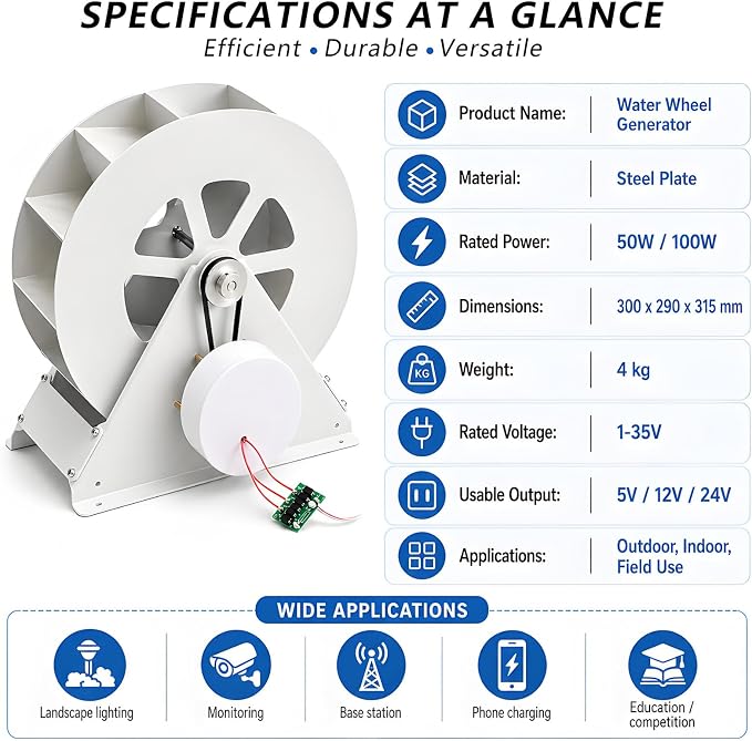 Low-Speed Hydroelectric Turbine,Steel Construction,50w/100w Home Outdoor Water Wheel Hydropower Generator,for Streams & Rivers 100W