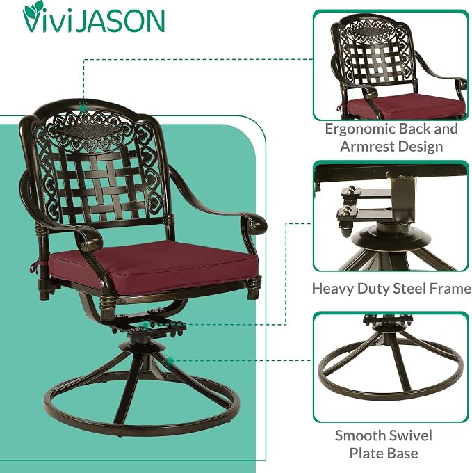 VIVIJASON 9-Piece Outdoor Dining Set, Cast Aluminum Patio Table & Chair Furniture Set for 8, Include Large 64" Square Dining Table, 4 Swivel Rocker Chairs, 4 Stationary Chairs, Umbrella Hole, Red