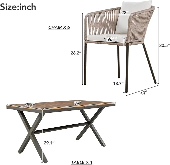 7 PCs Patio Dining Set with Table and 6 Chairs Beige | All-Weather Outdoor Furniture with Acacia Wood Tabletop & Metal Frame, for Garden, Backyard, or Balcony