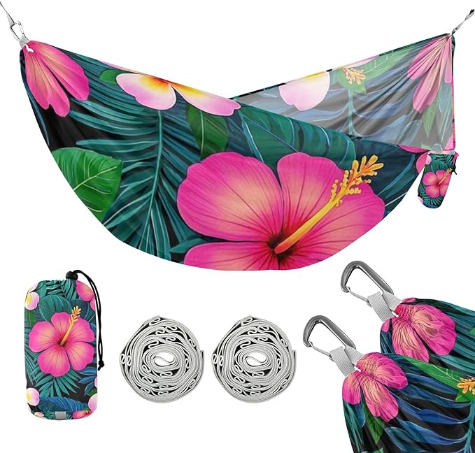 Summer Plumeria Hibiscus Palm Leaf 330lb Capacity Outdoor Hammocks with Portabl Carry Bag Hanging Hammock for Outside Patio Garden hamaca para adultos