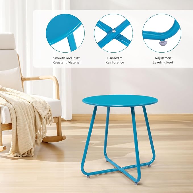 Patio Small Side Table Waterproof Round Metal Steel Weather Resistant Portable Outdoor and Indoor End Table for Garden Balcony Yard,Sky Blue