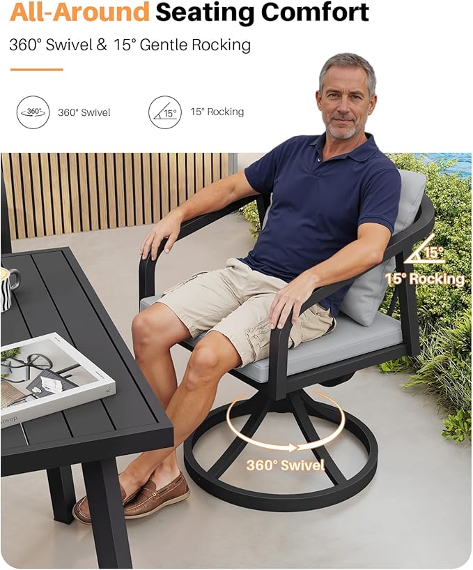 7 Pieces Outdoor Dining Set, Never-Rust Aluminum Patio Swivel Dining Set for 6, Outdoor Furniture Set with 2 Swivel Chairs, 4 Dining Chairs, Patio Table Set for Commercial, Deck, Garden, Black