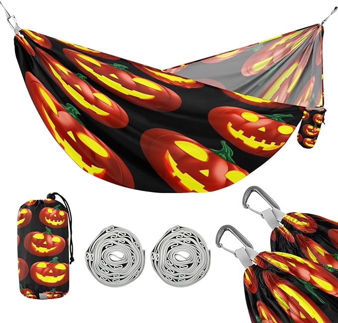Hammocks for Outside Glowing Jack-o-Lanterns Camping Hammock Portable Hammocks with Tree Straps and Carry Bag Camping Accessories for Hiking Beach Outdoor