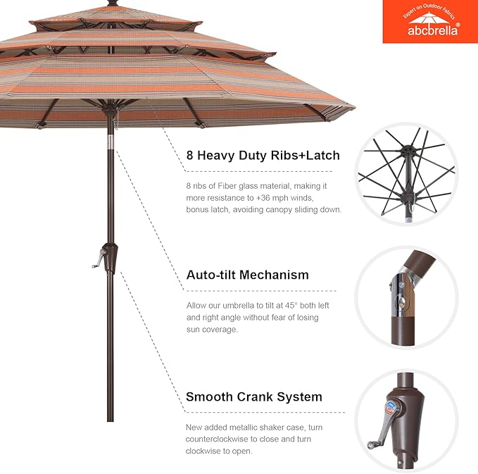 ABCCANOPY 5-Year 10-Year No Fading 9FT 3 Tiers Patio Umbrella, Outdoor Table Umbrella with 8 Sturdy Ribs for Deck, Backyard, Garden, Yard