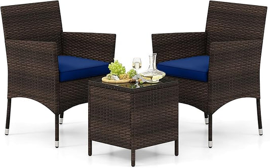 Tangkula 3 Pieces Patio Rattan Furniture Set, Outdoor Conversation Set with PE Wicker Armchairs, Tempered Glass Top Coffee Table, Soft Removable Cushions, for Porch Garden Yard Balcony (Navy)