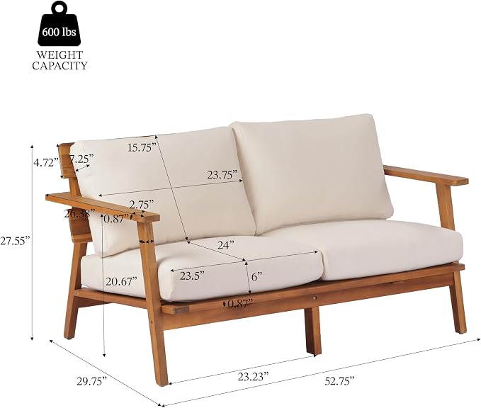 KLMM 4-Piece Mid-Century Modern Acacia Wood Patio Seating Set,Outdoor Conversation Set with Loveseat,Club Chairs & Slatted Coffee Table,for Garden Backyard Poolside (Teak+ Beige-MC)