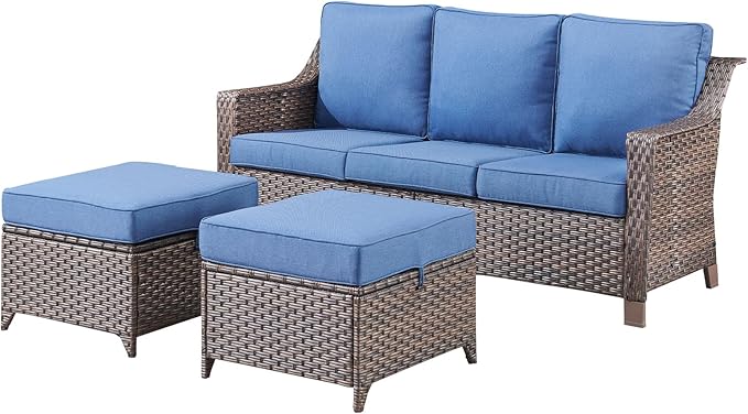 3 Pieces Patio Conversation Sets-All-Weather Wicker Sectional Couch with Ottomans for Deck Balcony Poolside Backyard-Brown/Blue