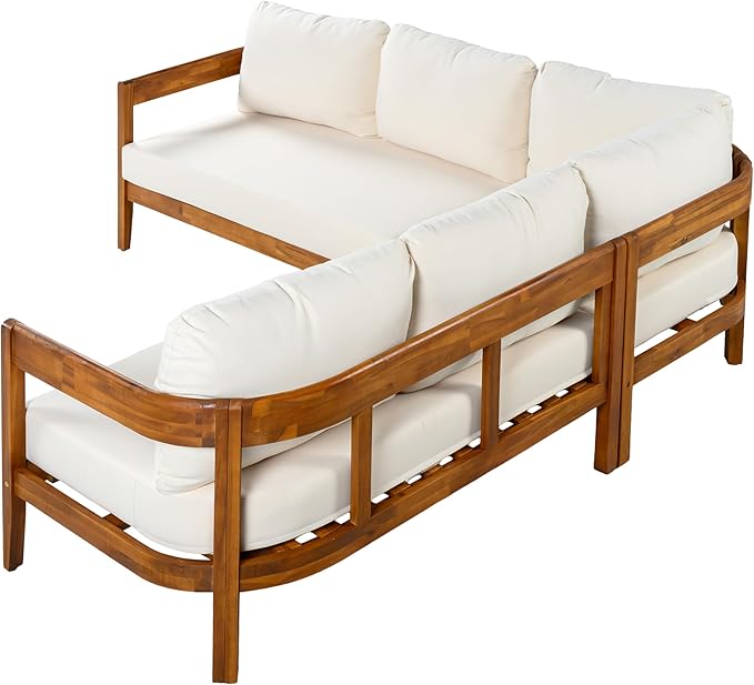 Acacia Wood L-shaped Outdoor Corner Sofa, Patio Conversation Furniture Set With 6 Soft Seat Cushions and Backpack , All Weather Outdoor Patio Sofa with Arc frame for Backyard, Garden (White-3.20)